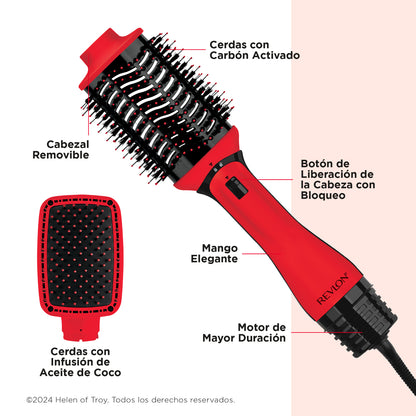 Cepillo alisador eléctrico REVLON rojo con cerdas de carbón activado y aceite de coco