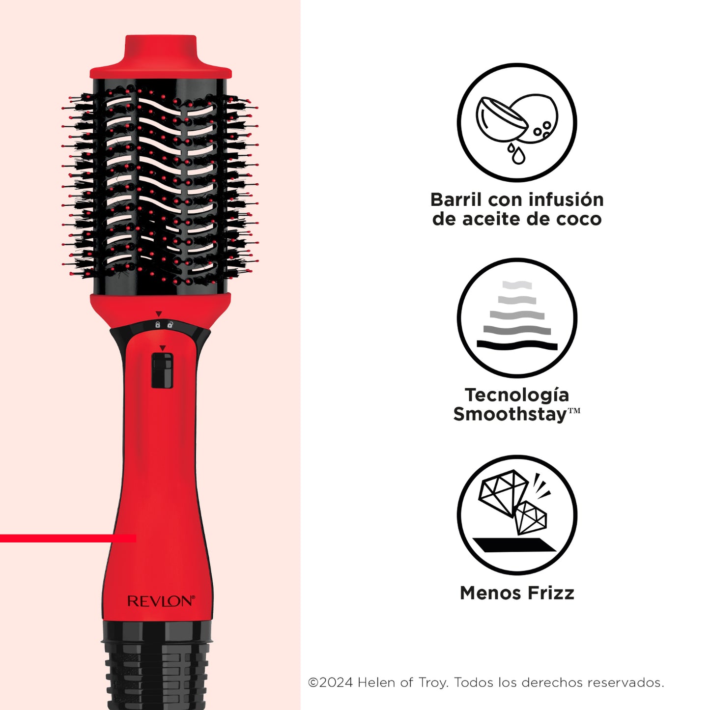 Cepillo alisador eléctrico Revlon rojo con tecnología Smoothstay y barril con infusión de aceite de coco