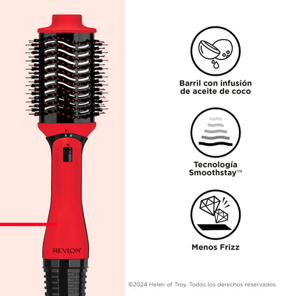 Cepillo alisador eléctrico Revlon rojo con tecnología Smoothstay y barril con infusión de aceite de coco