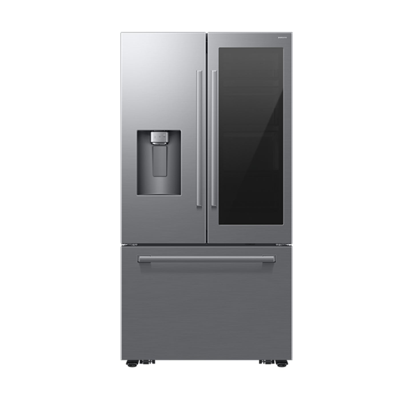 Refrigeradora Samsung gris frontal, diseño moderno y dispensador de agua.