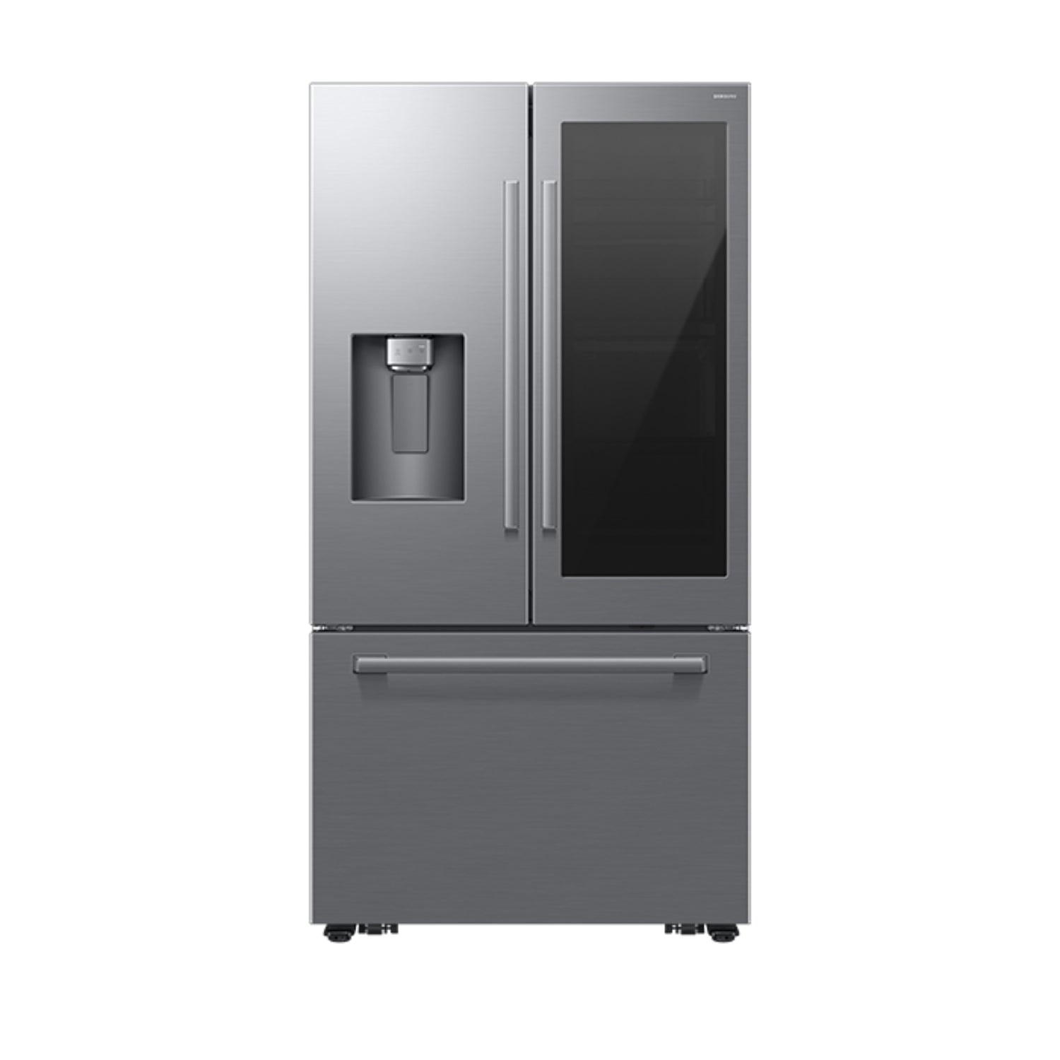 Refrigeradora Samsung gris frontal, diseño moderno y dispensador de agua.
