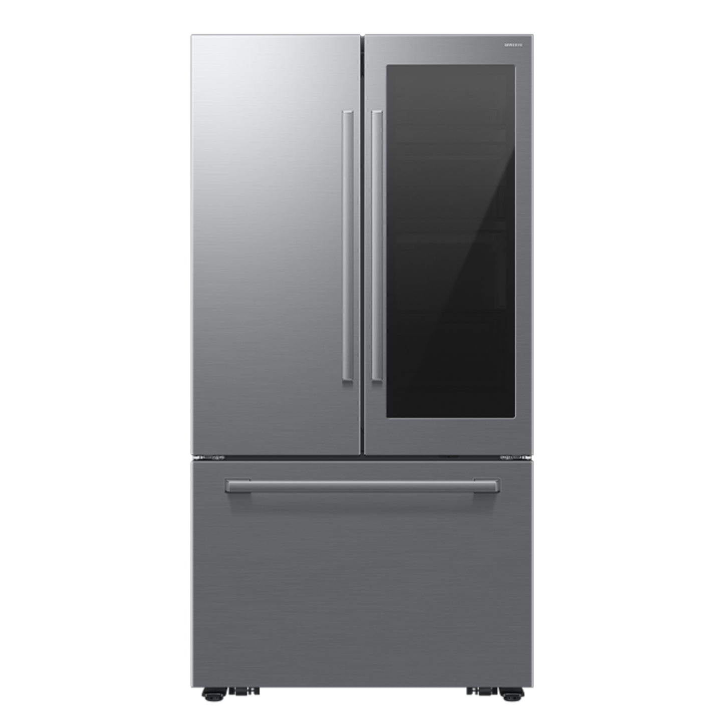 Refrigeradora Samsung gris frontal, diseño moderno y elegante en cocina