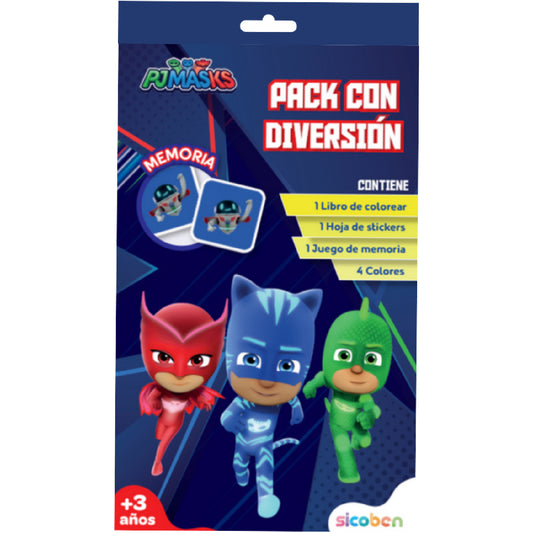 Pack de diversión PJ Masks con libro para colorear y juego de memoria para niños