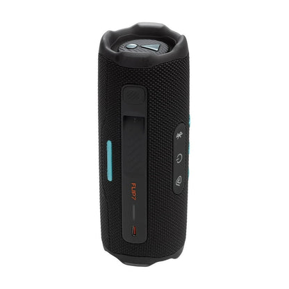 Parlante JBL Flip 7 portátil Bluetooth en color negro con botones de control y diseño compacto
