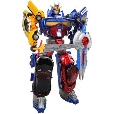 robot juguete colorido con coches de juguete, vista frontal, ideal para niños