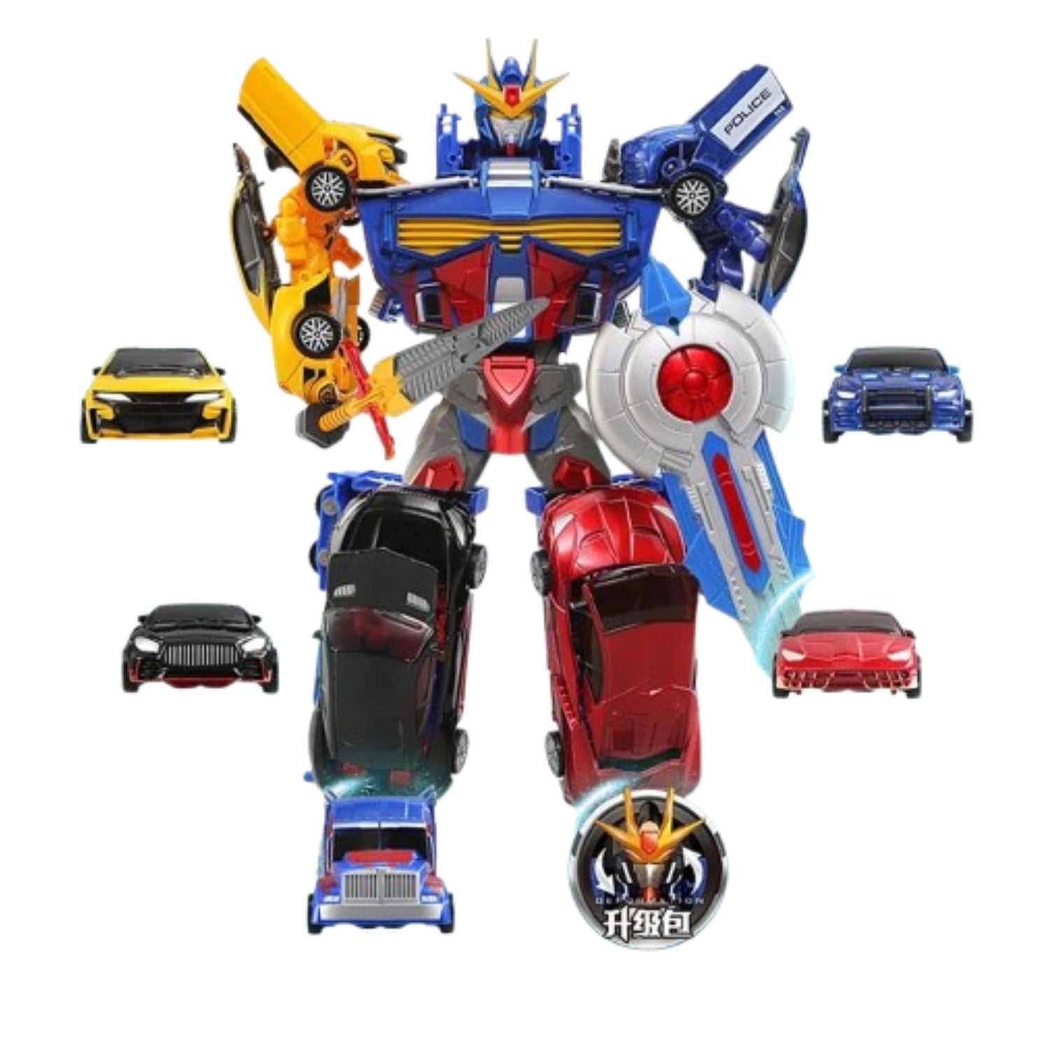 robot juguete colorido de acción con vehículos en miniatura alrededor