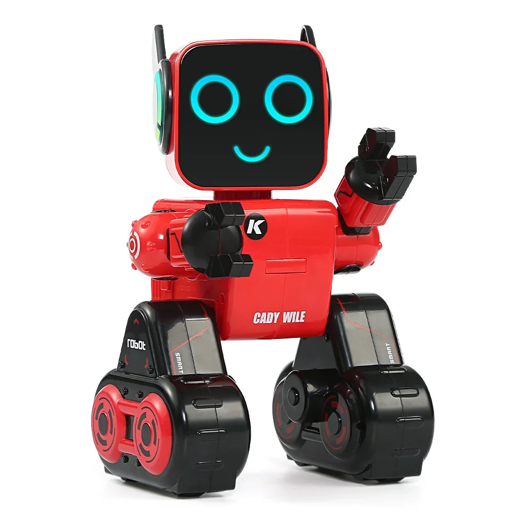 robot rojo juguete interactivo, vista frontal, sala de juegos