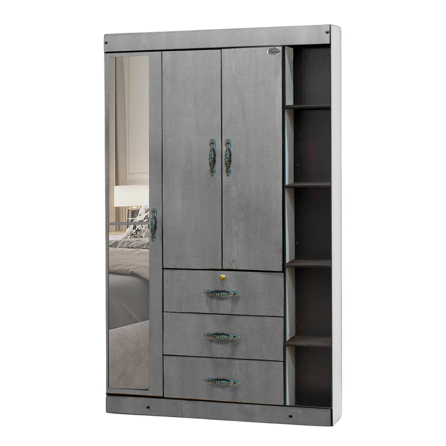 Ropero con espejo y librero gris de LA MUEBLERIA modelo LL04 con gavetas y estantes laterales