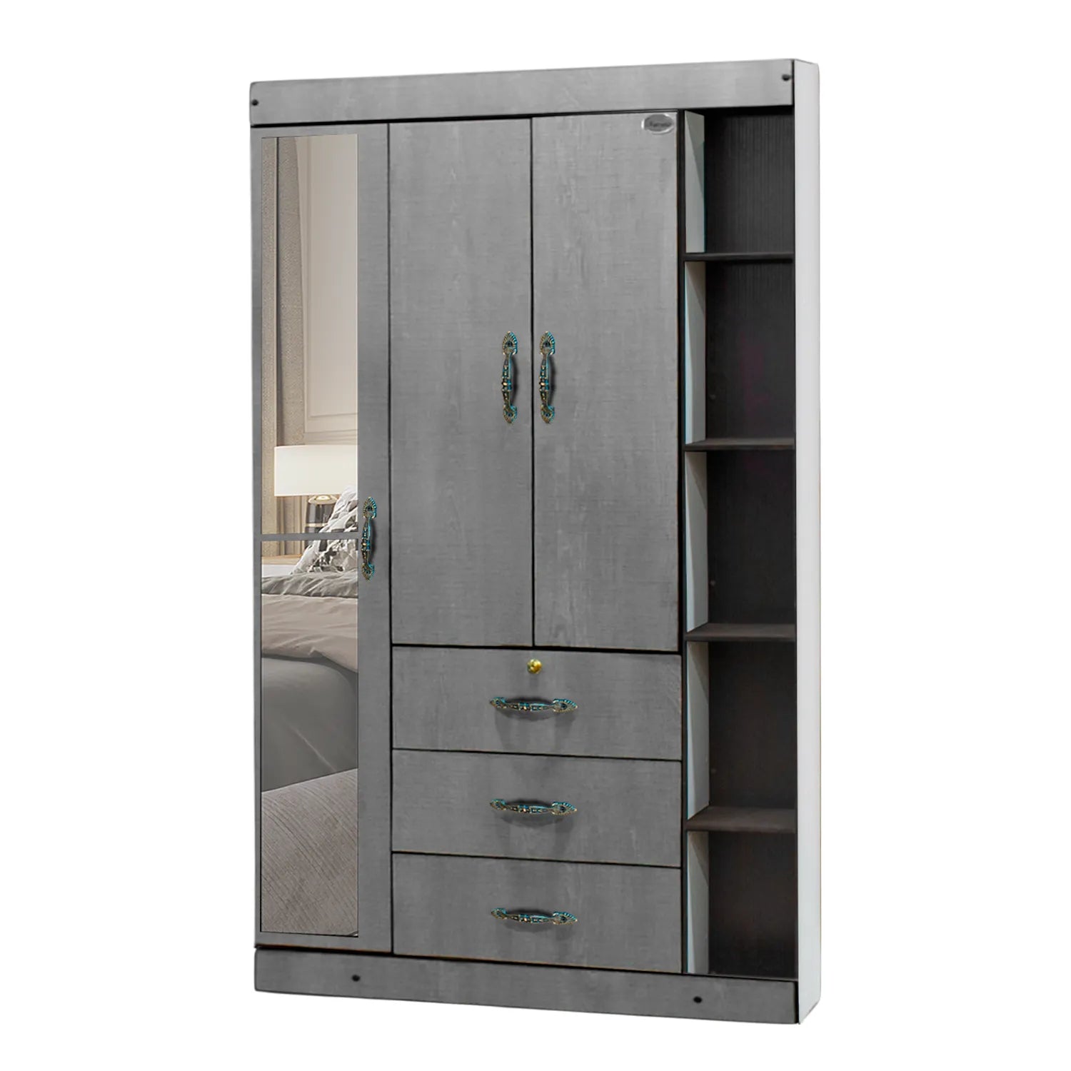 Ropero con espejo y librero gris de LA MUEBLERIA modelo LL04 con gavetas y estantes laterales