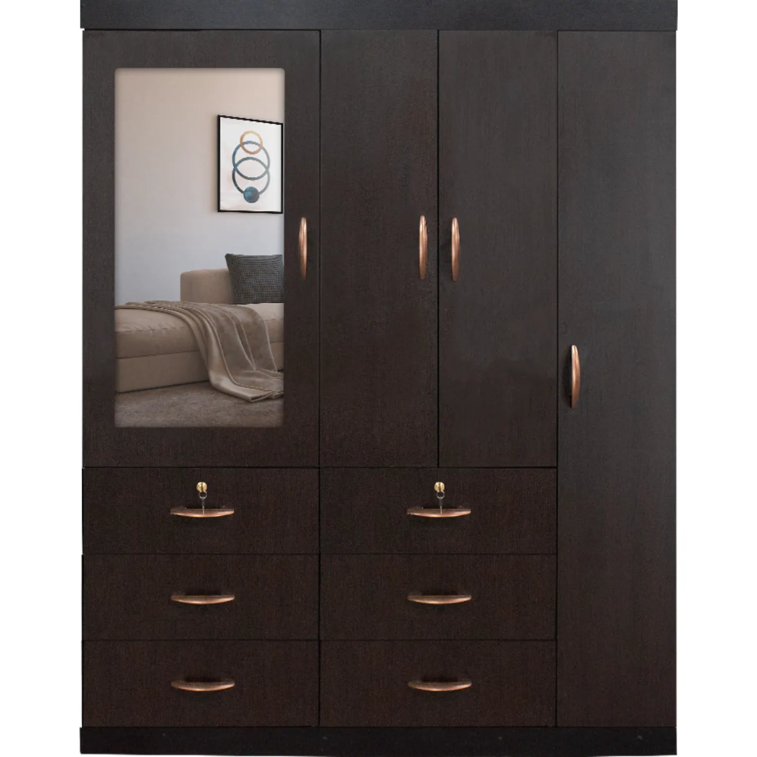 Ropero de madera con espejo de LA MUEBLERIA con puertas y cajones en color oscuro