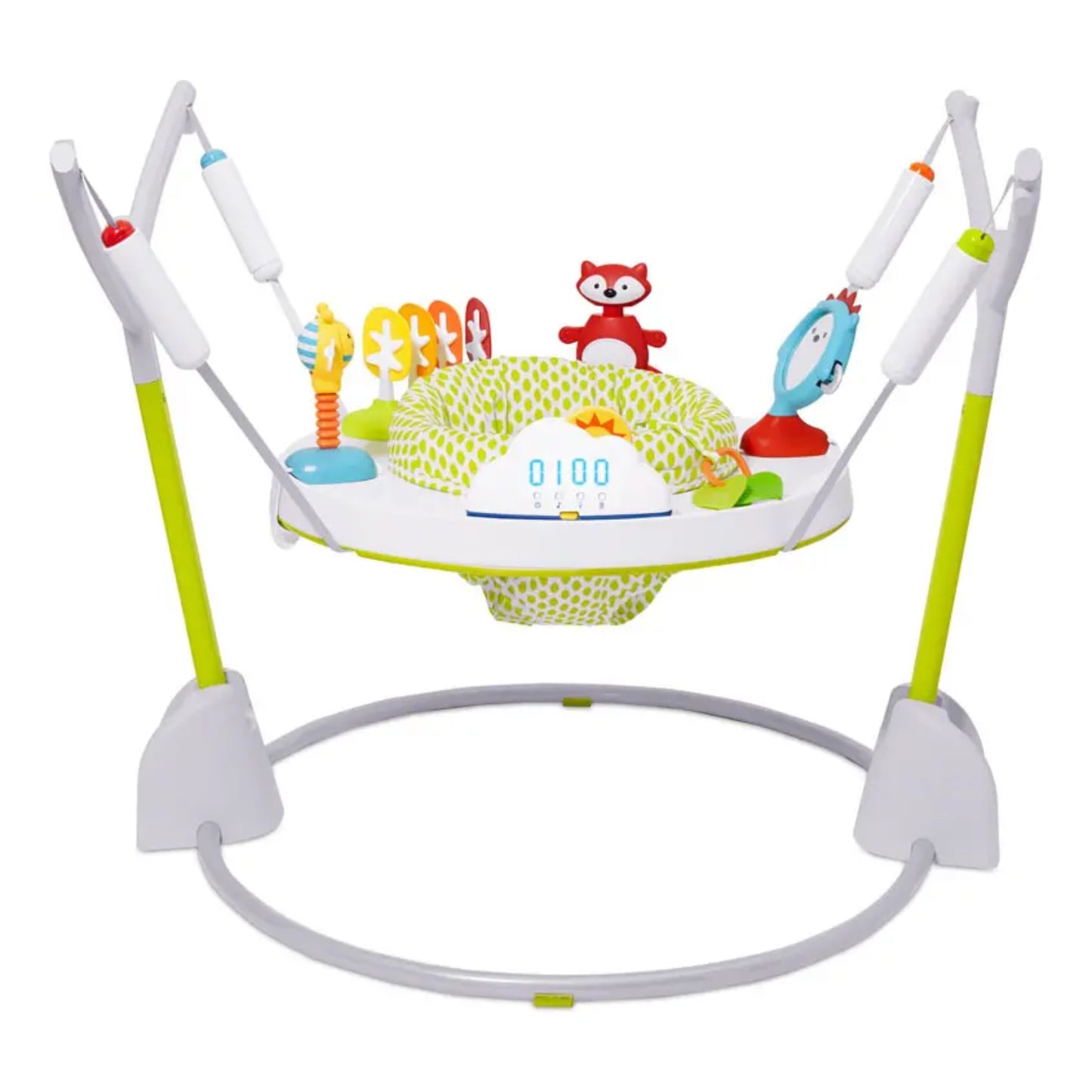 Saltador SKIP*HOP verde con juguetes y panel de control, vista frontal