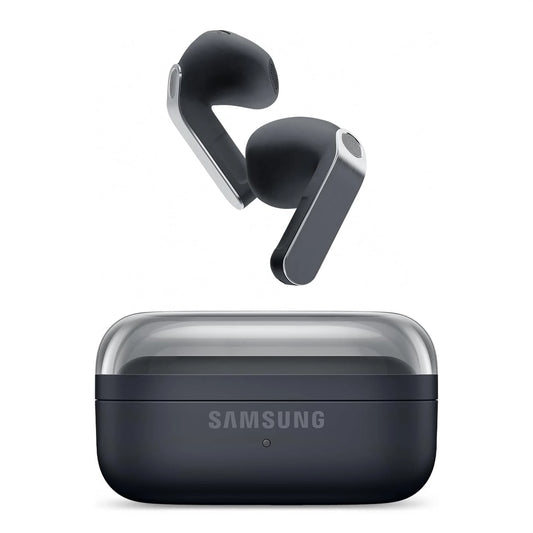 Audífonos inalámbricos Samsung Buds4 negros con estuche de carga.