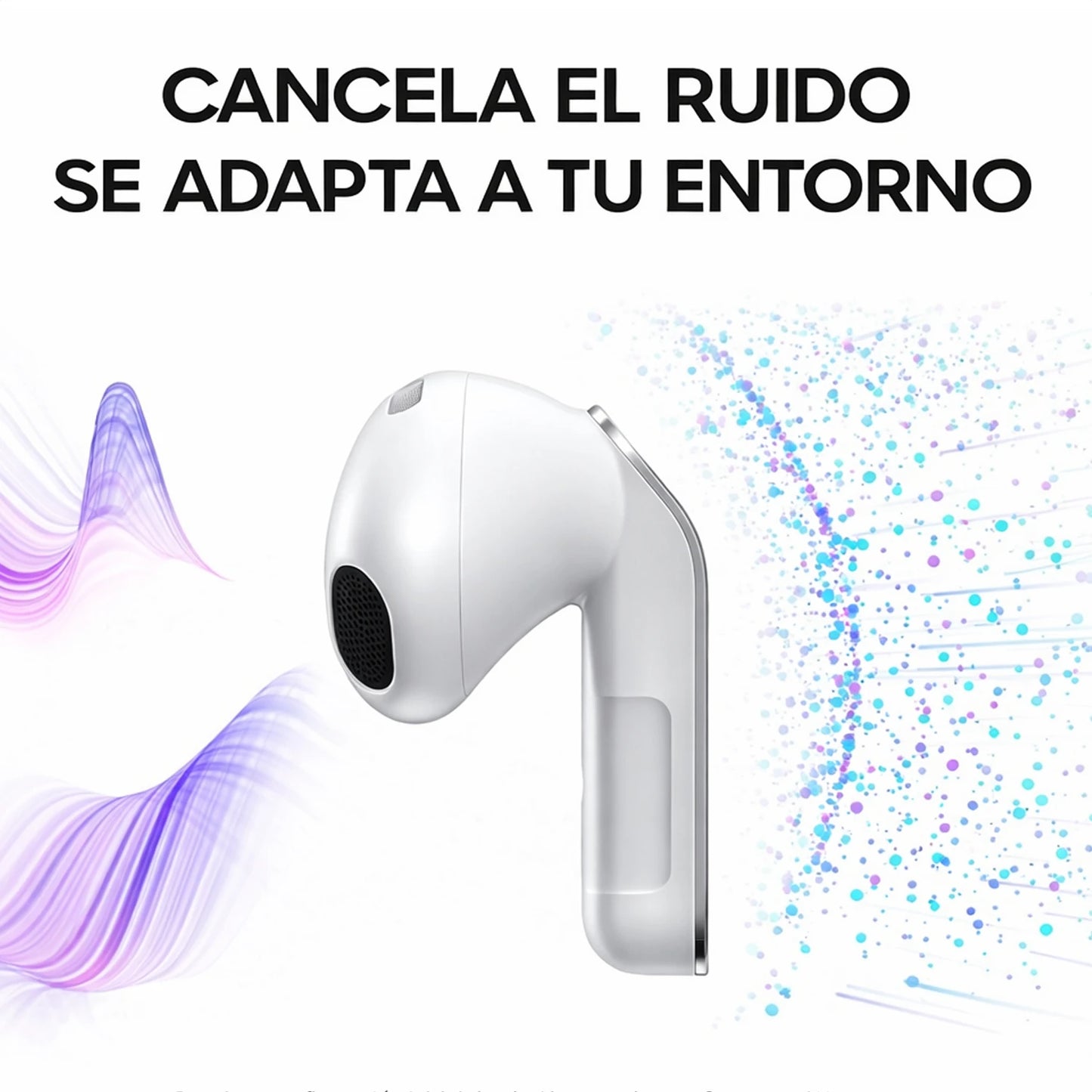 auriculares samsung blancos, vista lateral, tecnología de cancelación de ruido