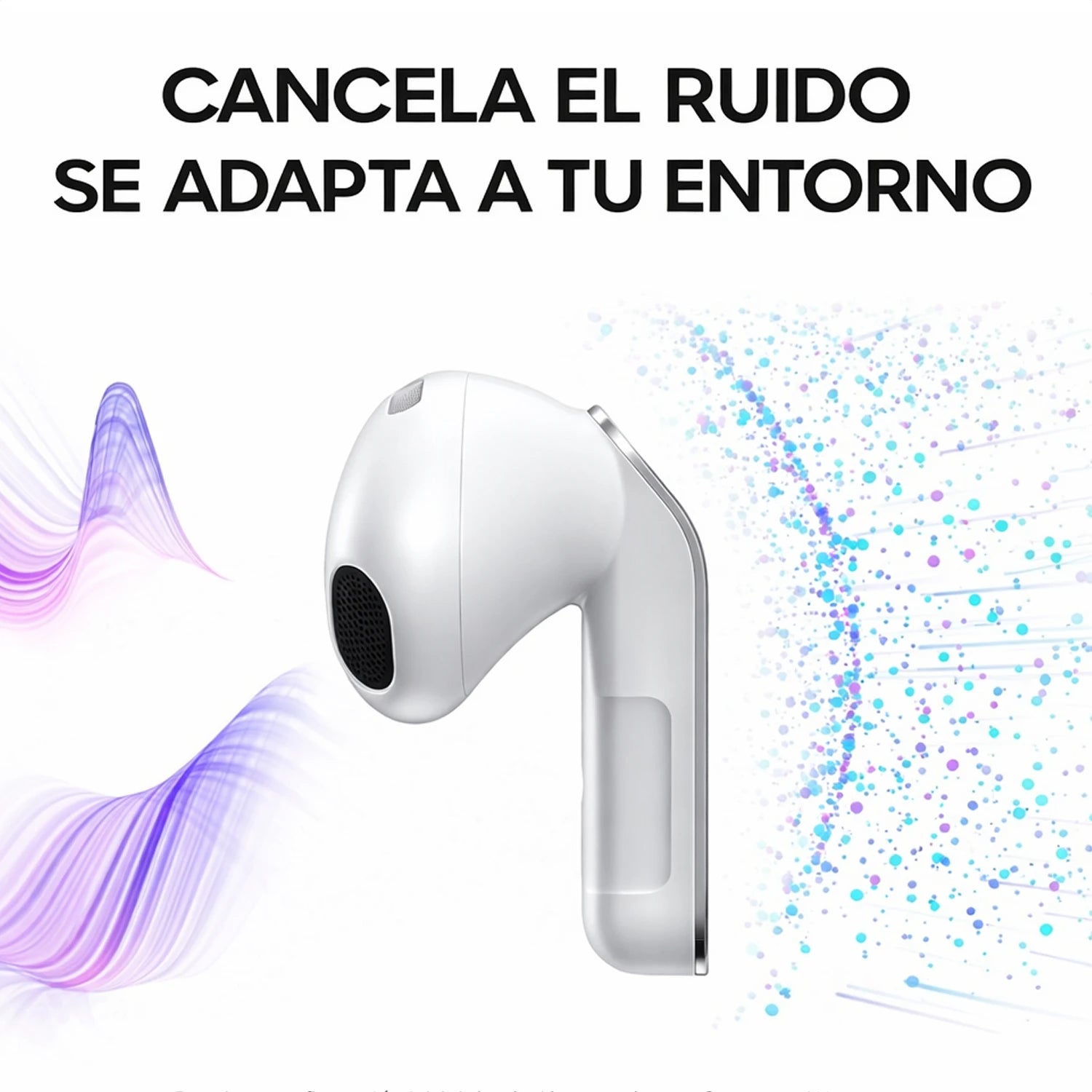 auriculares samsung blancos, vista lateral, tecnología de cancelación de ruido
