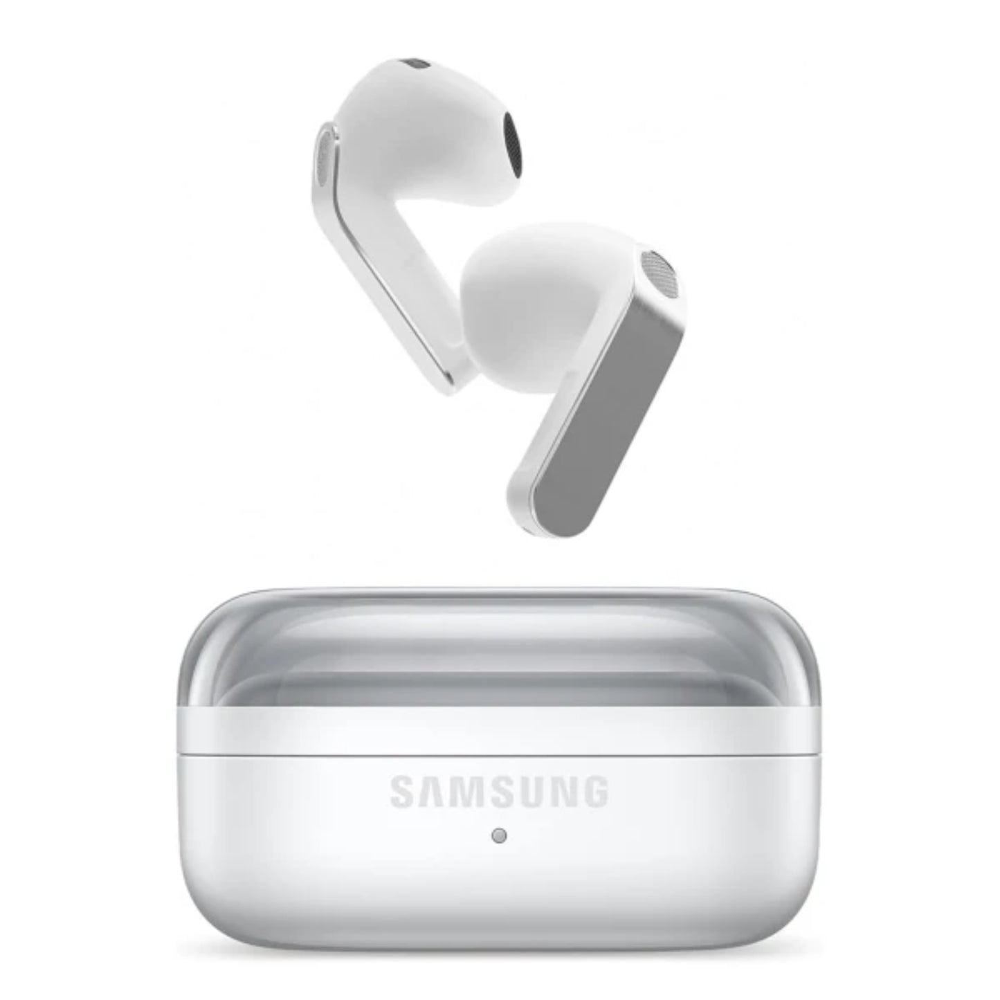 Auriculares Samsung blancos, vista con estuche, uso diario