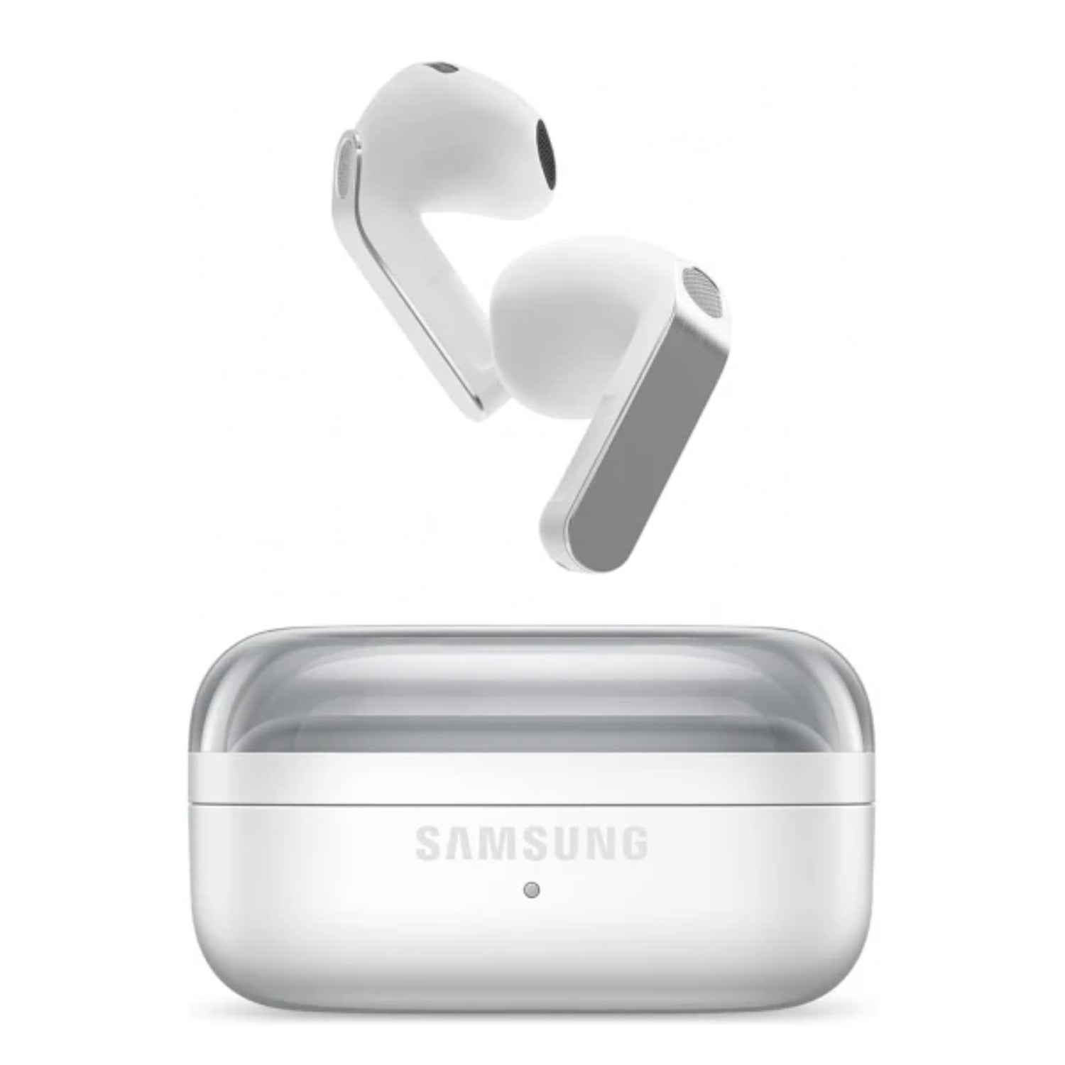 Auriculares Samsung blancos, vista con estuche, uso diario