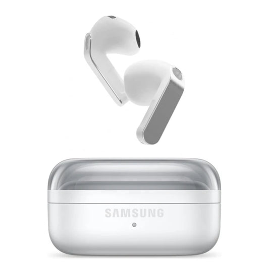 Auriculares Samsung blancos, vista con estuche, uso diario