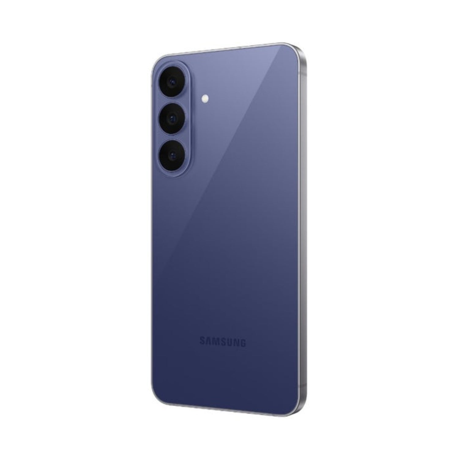 Celular Samsung color azul, vista trasera con cámara triple