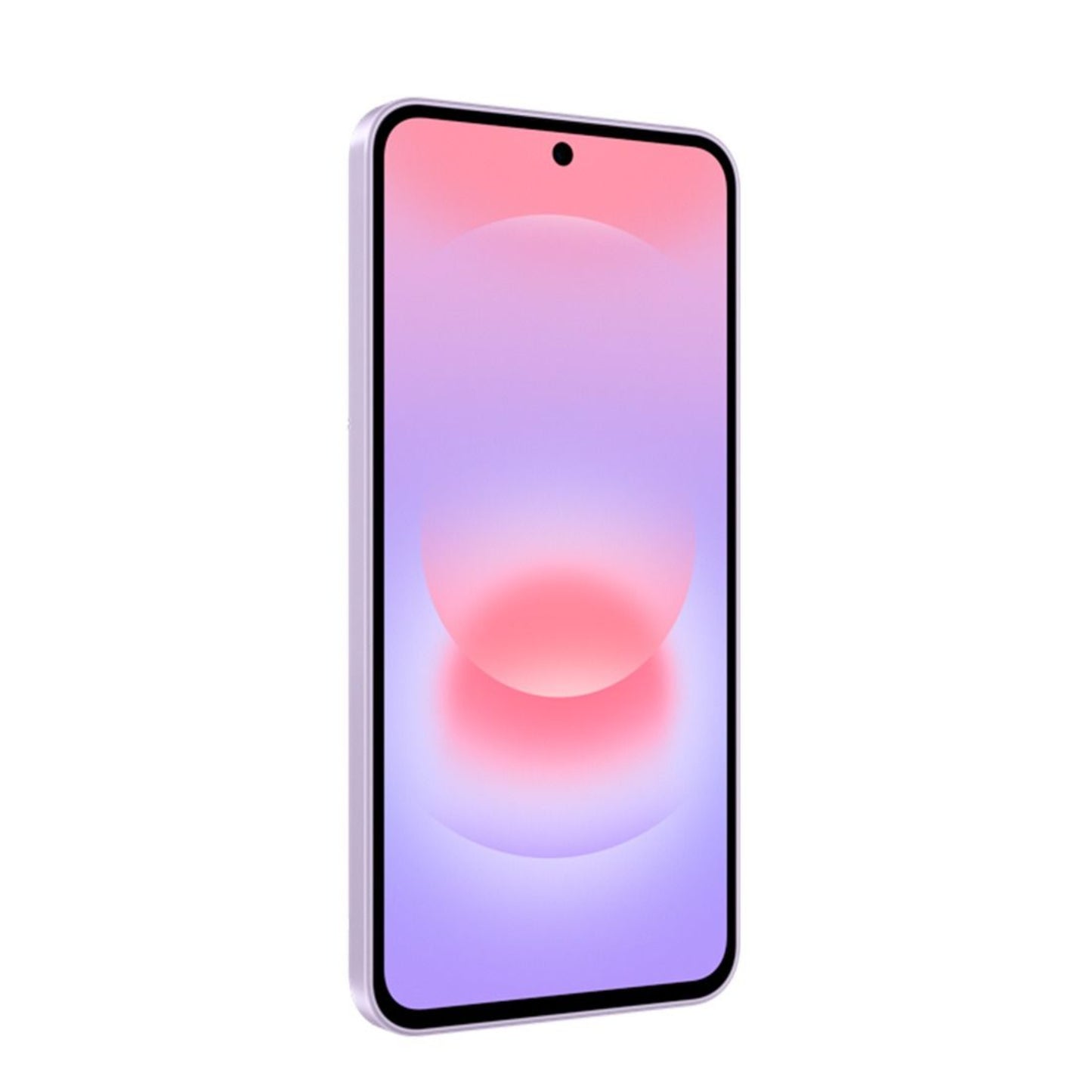 Celular Samsung modelo con pantalla en tonos rosa y morado, vista lateral
