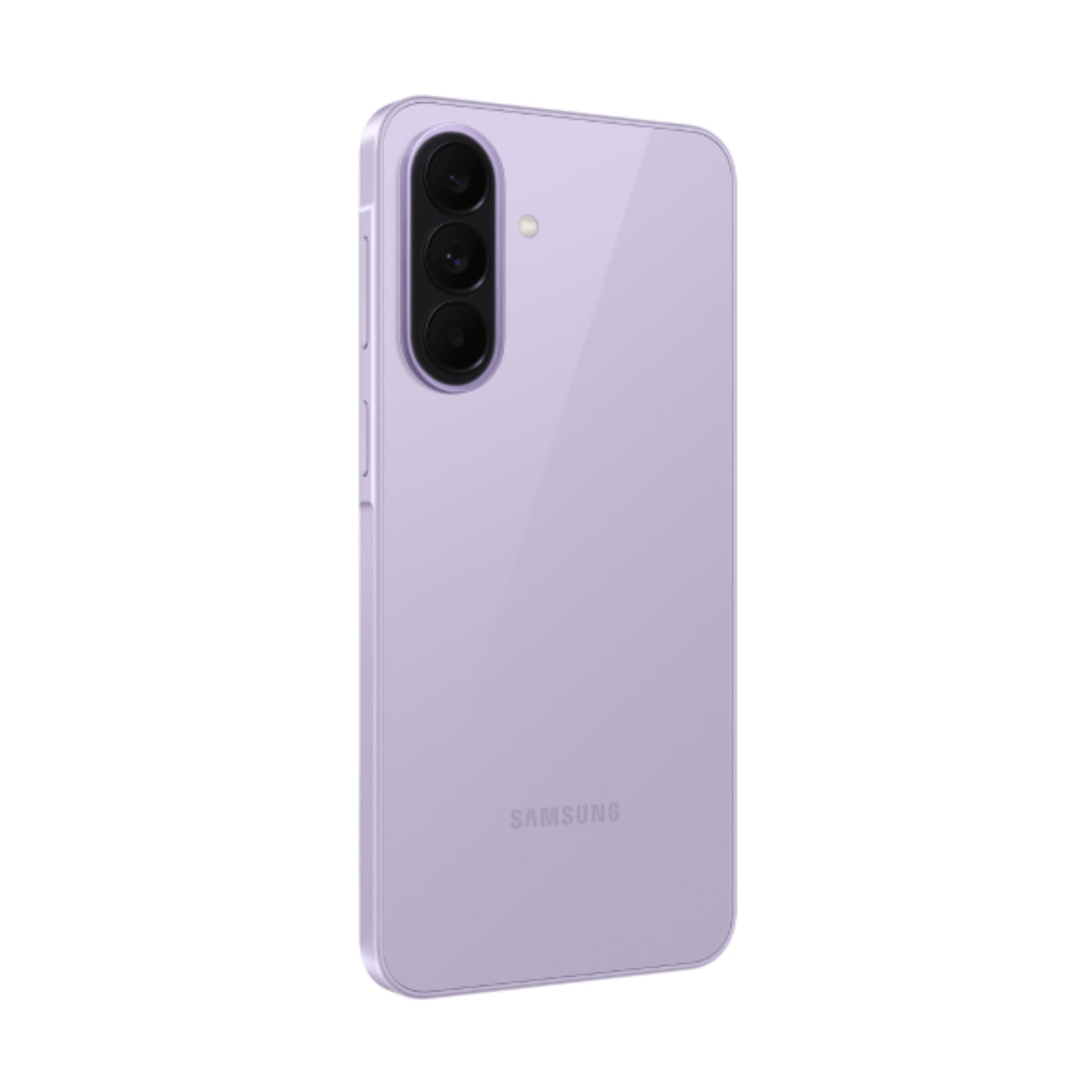 Celular Samsung color lavanda, vista lateral con triple cámara