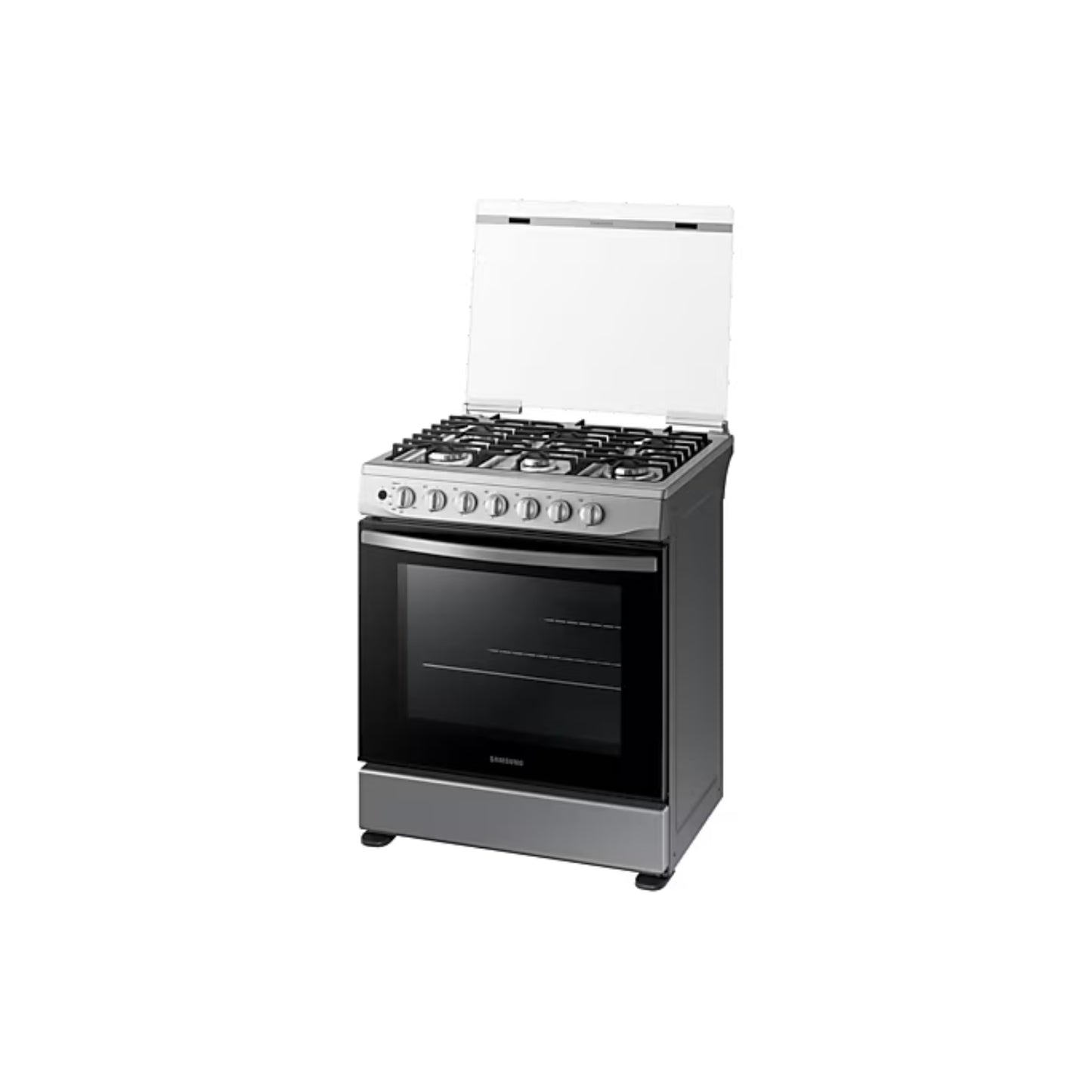 Estufa a gas 6 quemadores Samsung color acero inoxidable con horno y tapa protectora blanca