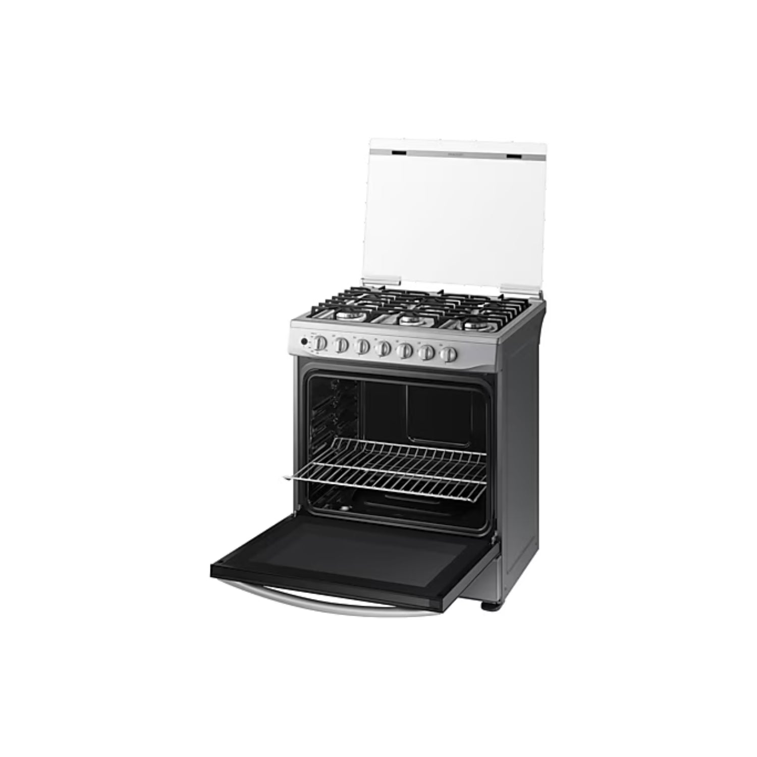 Estufa a gas 6 quemadores Samsung de acero inoxidable con horno y cubierta protectora blanca