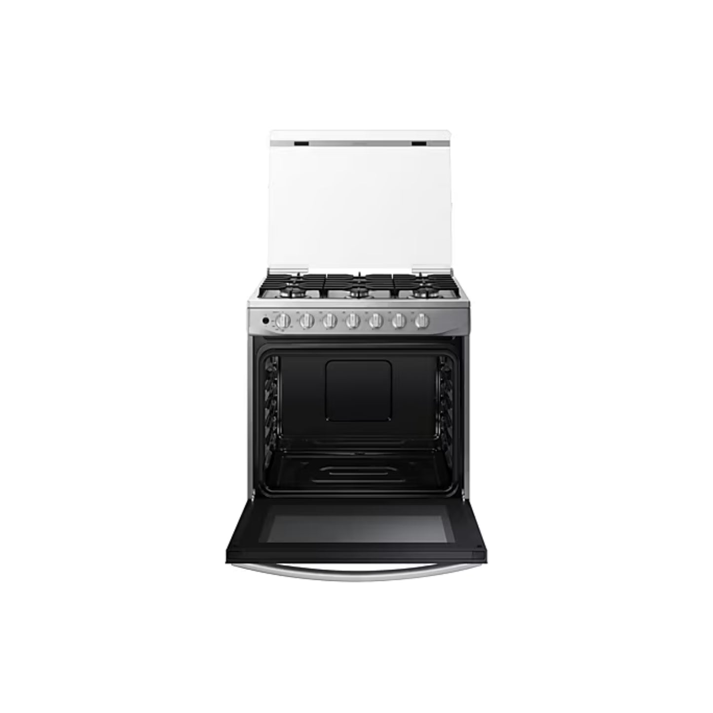 Estufa a gas 6 quemadores Samsung con horno y cubierta metálica blanca abierta
