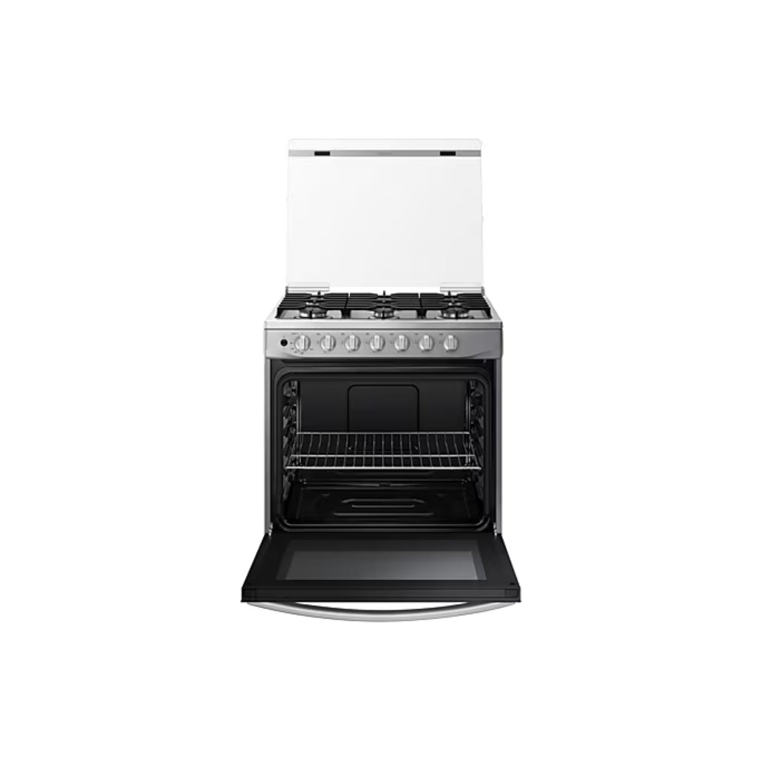 Estufa a gas 6 quemadores Samsung en acero inoxidable con horno y tapa protectora abierta