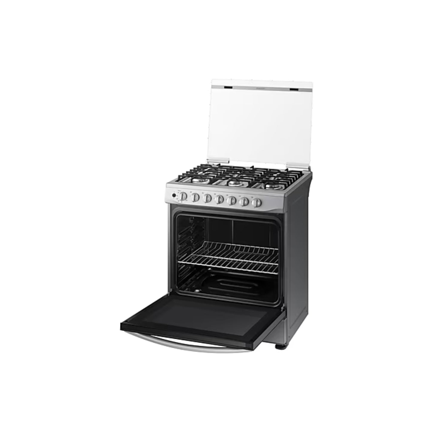 Estufa a gas 6 quemadores Samsung con horno abierto y diseño moderno en color negro y acero