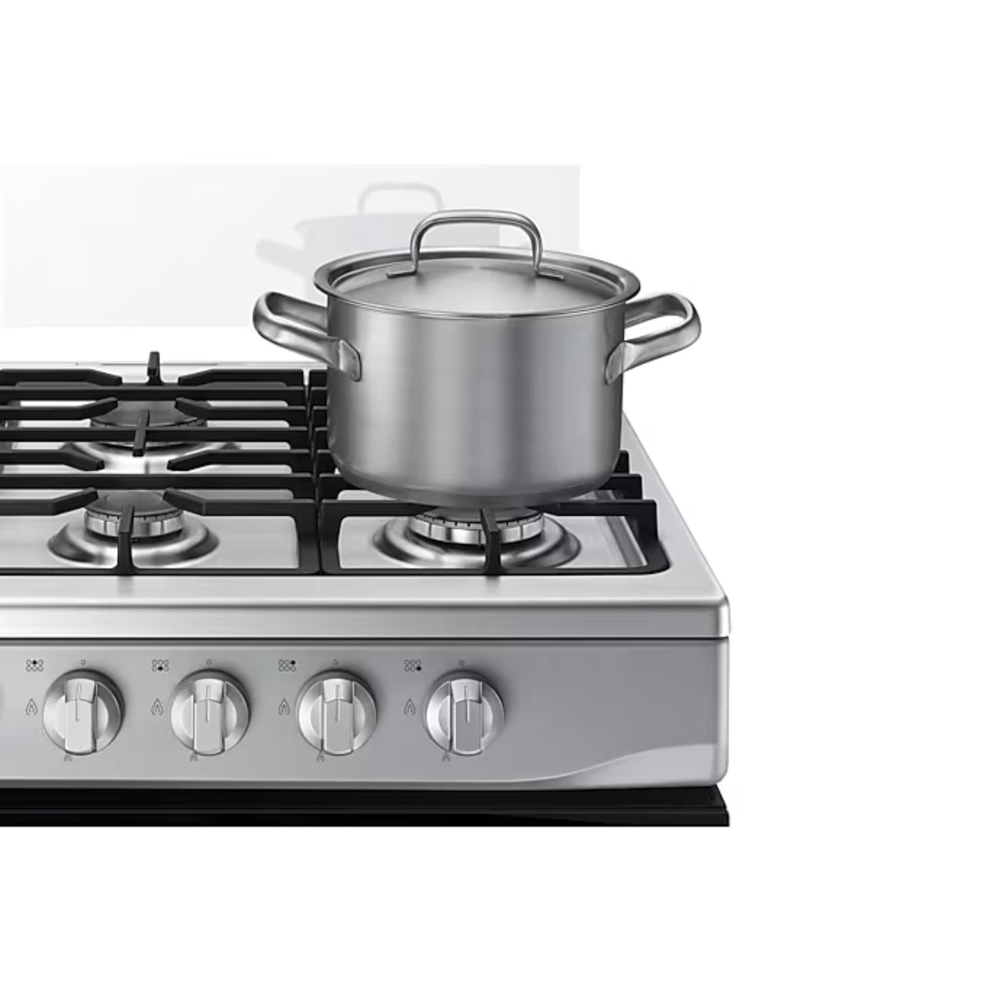 Estufa a gas 6 quemadores Samsung en acero inoxidable con olla de metal sobre el fuego