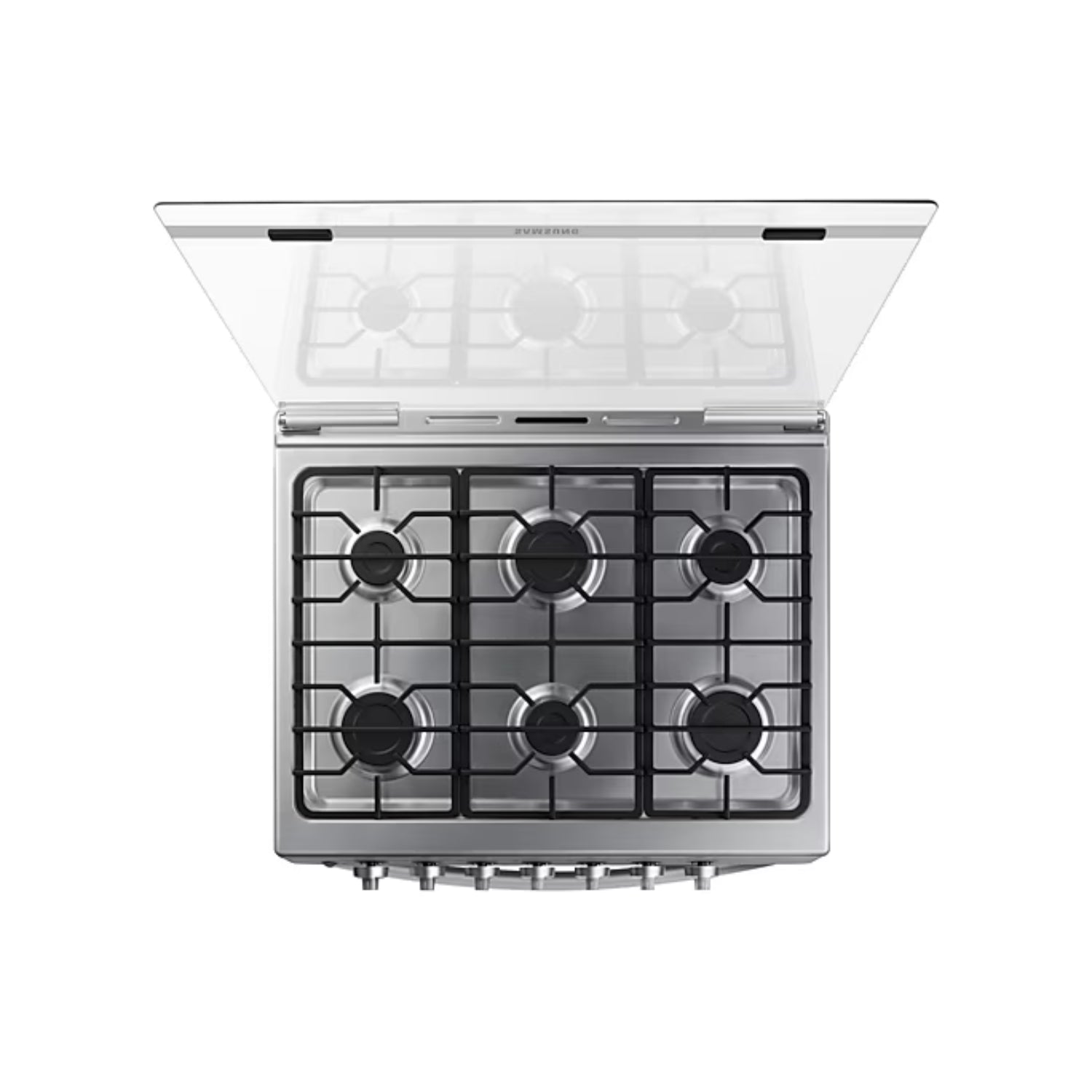 Estufa a gas 6 quemadores Samsung con tapa de vidrio y diseño moderno en acero inoxidable