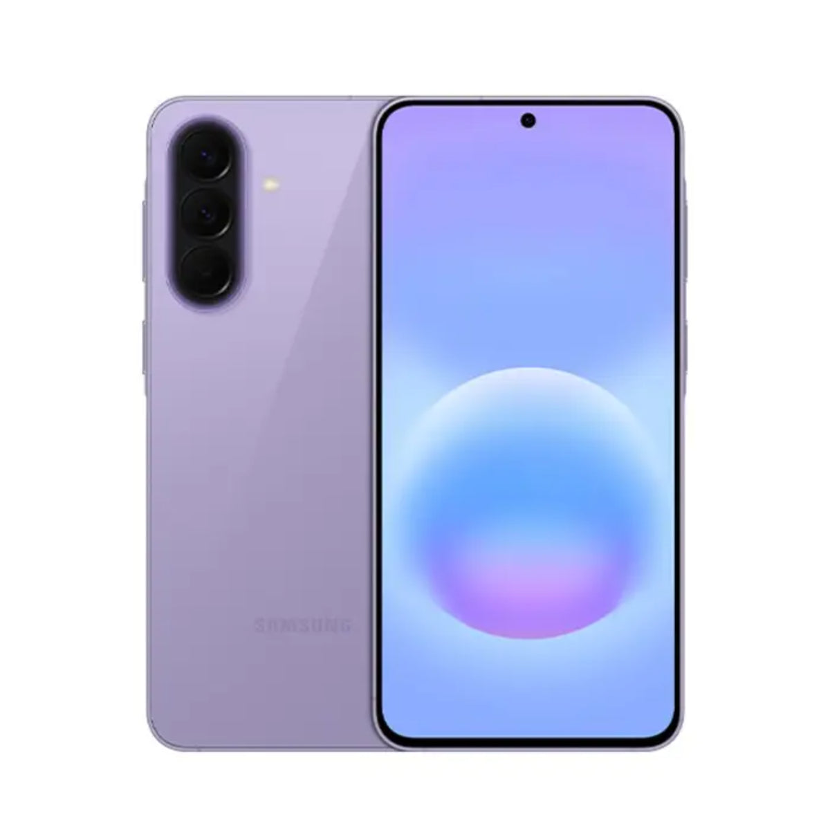 Samsung Galaxy móvil morado, vista frontal y trasera en fondo liso