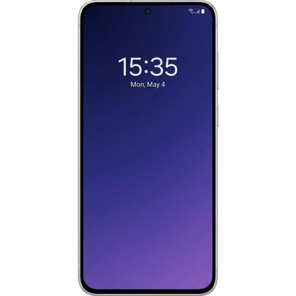 Samsung Galaxy S25 vista frontal con pantalla en tonos morados