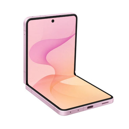 Teléfono Samsung plegable rosa, vista frontal con pantalla abierta
