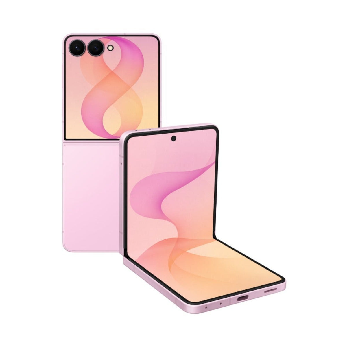 Teléfono Samsung rosa plegable, vista frontal y trasera, elegante diseño moderno