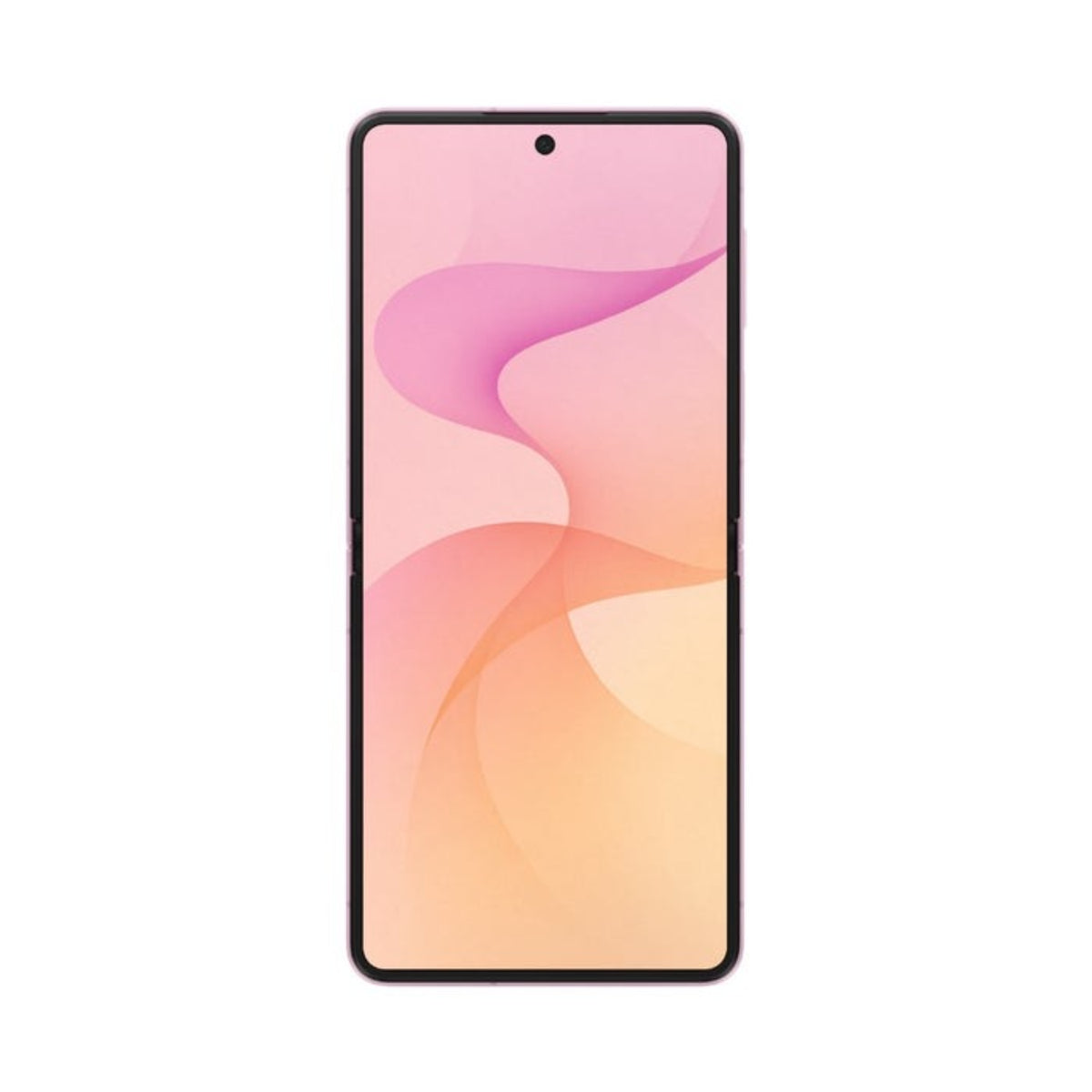 Teléfono Samsung color rosa, vista frontal con pantalla sin bordes