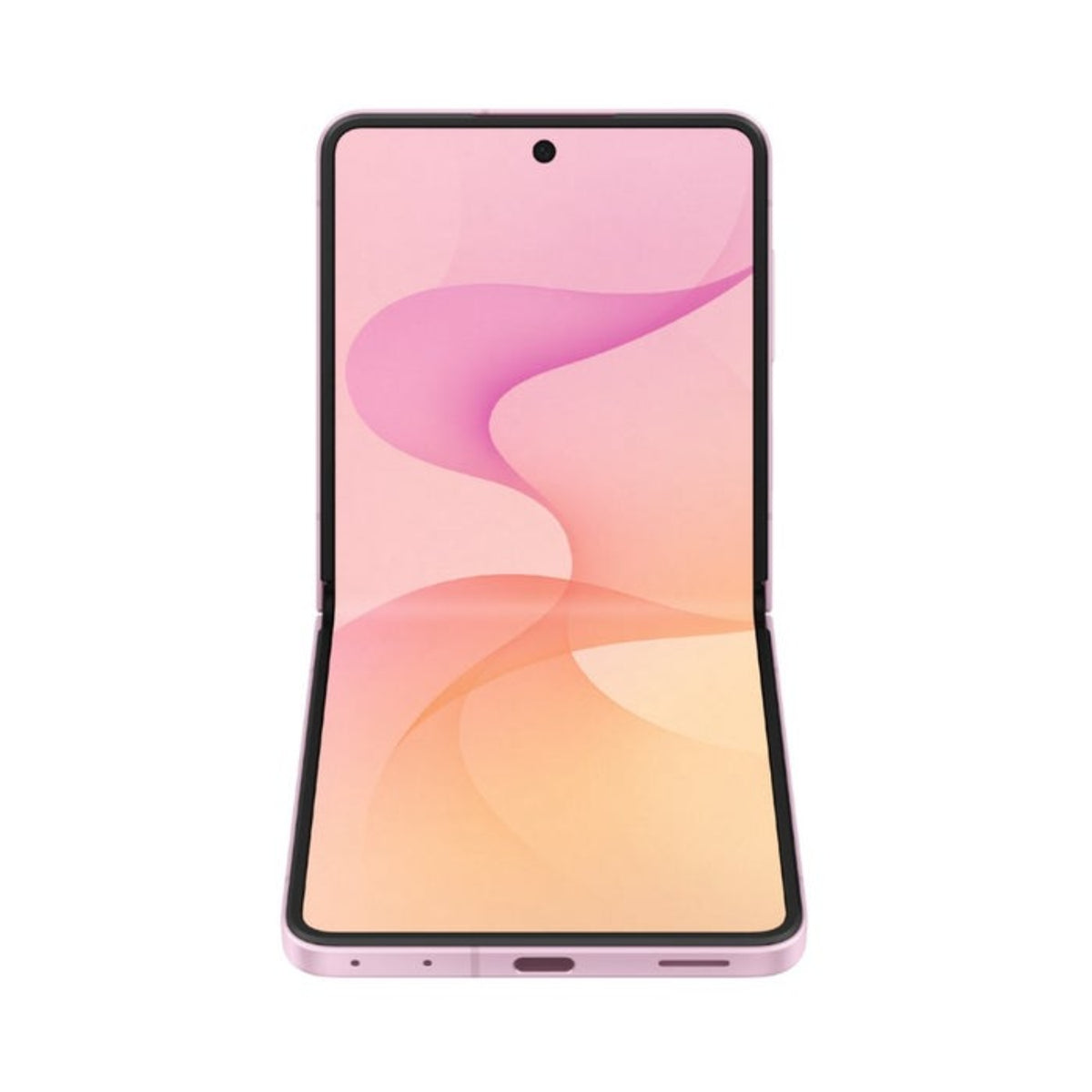 Teléfono Samsung rosa abierto, vista frontal en pantalla clara
