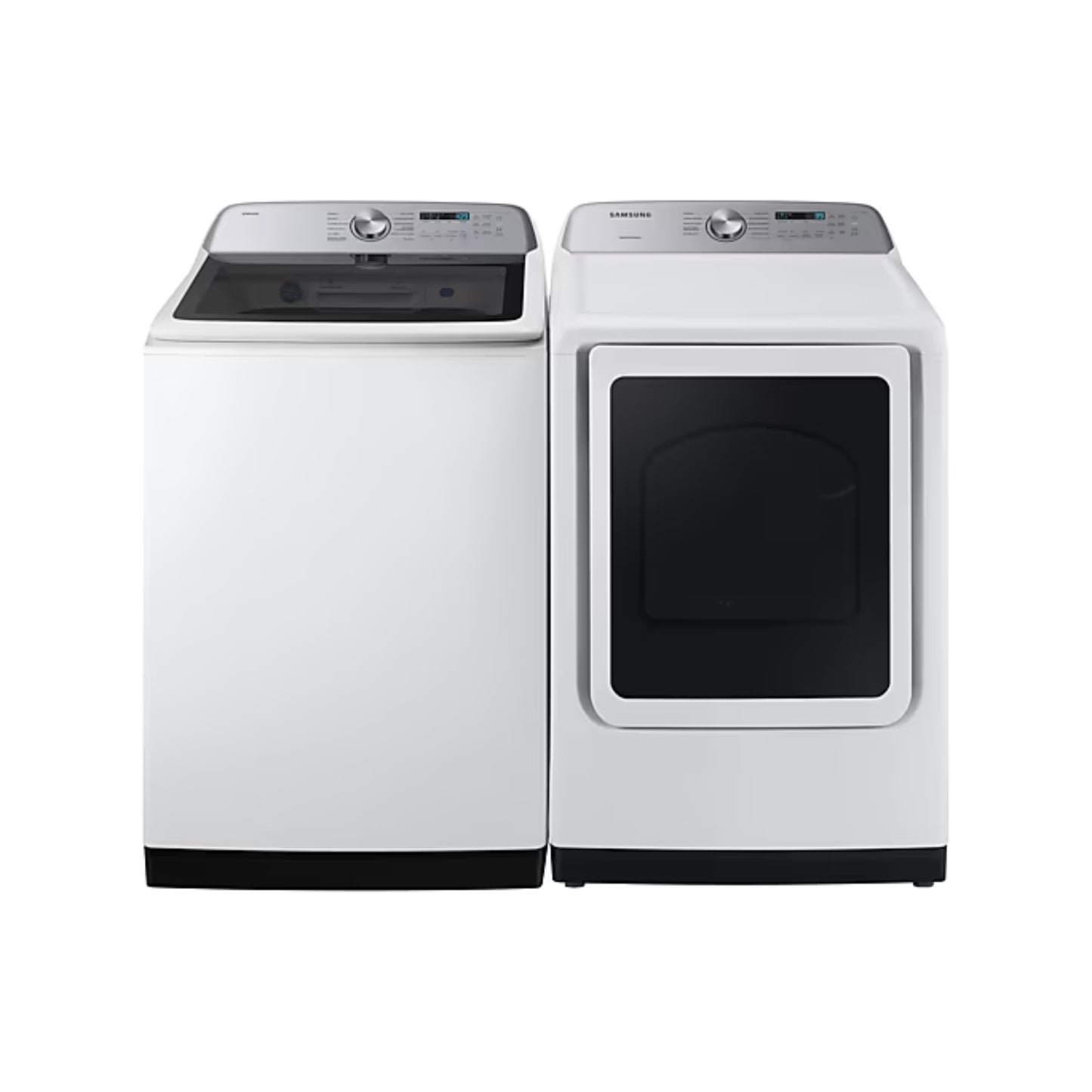 Lavadora digital inverter 26kg Samsung blanca con panel de control y secadora a juego