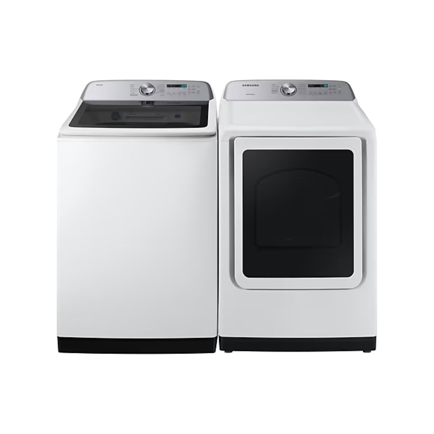 Lavadora digital inverter 26kg Samsung blanca con panel de control y secadora a juego