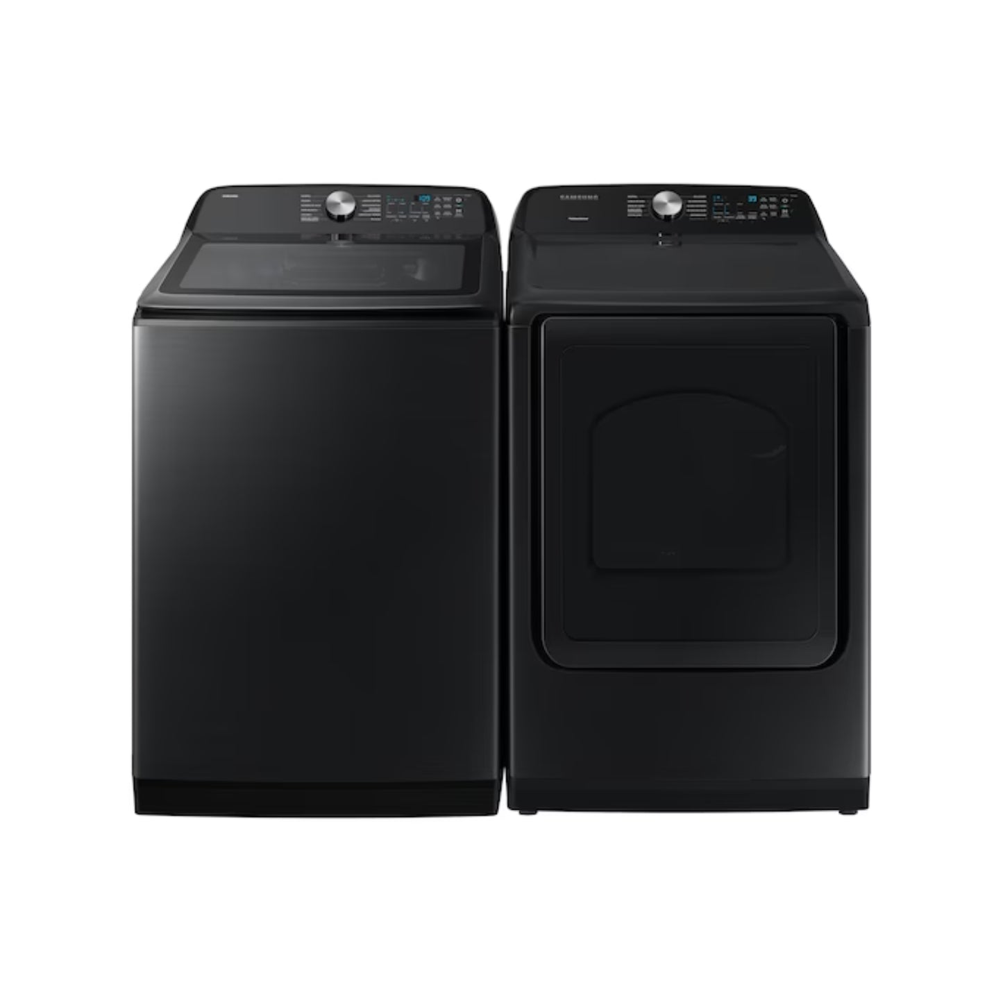 Juego de lavadora digital inverter 26kg y secadora Samsung en color negro con paneles digitales