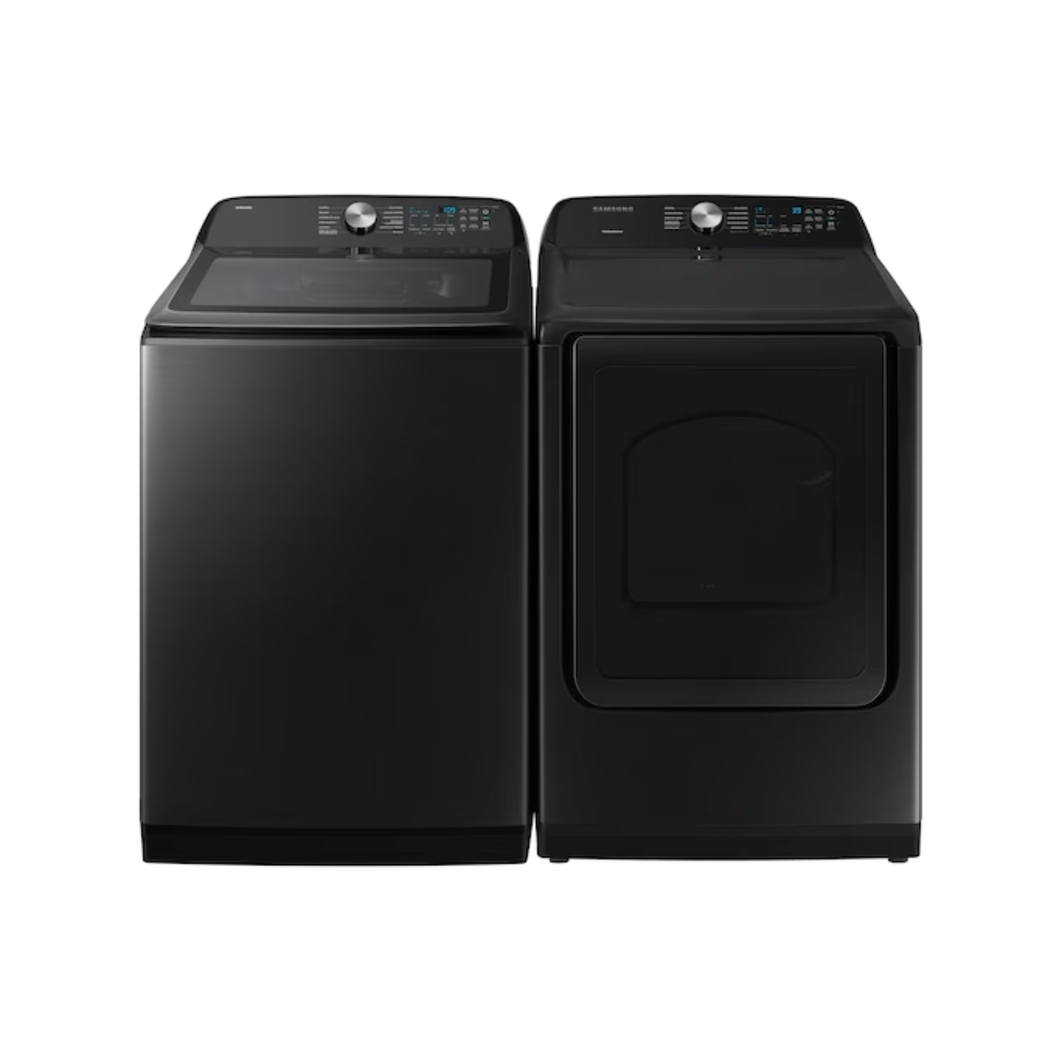 Juego de lavadora digital inverter 26kg y secadora Samsung en color negro con paneles digitales