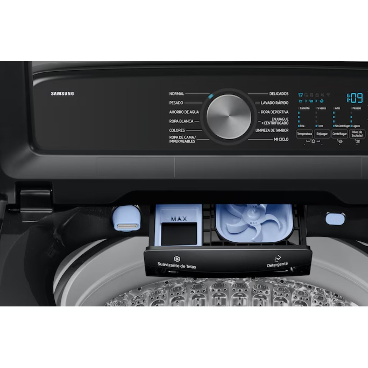 Panel de control de la lavadora digital inverter 26kg SAMSUNG con compartimentos para detergente y suavizante