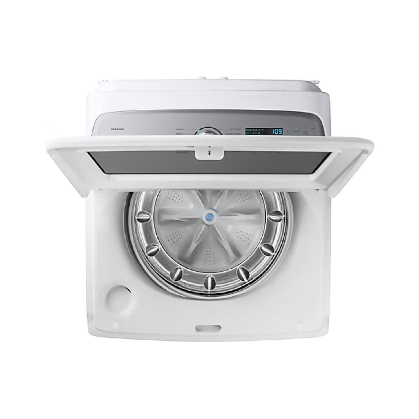 Lavadora digital inverter 26kg Samsung vista superior con puerta abierta y tambor de acero inoxidable