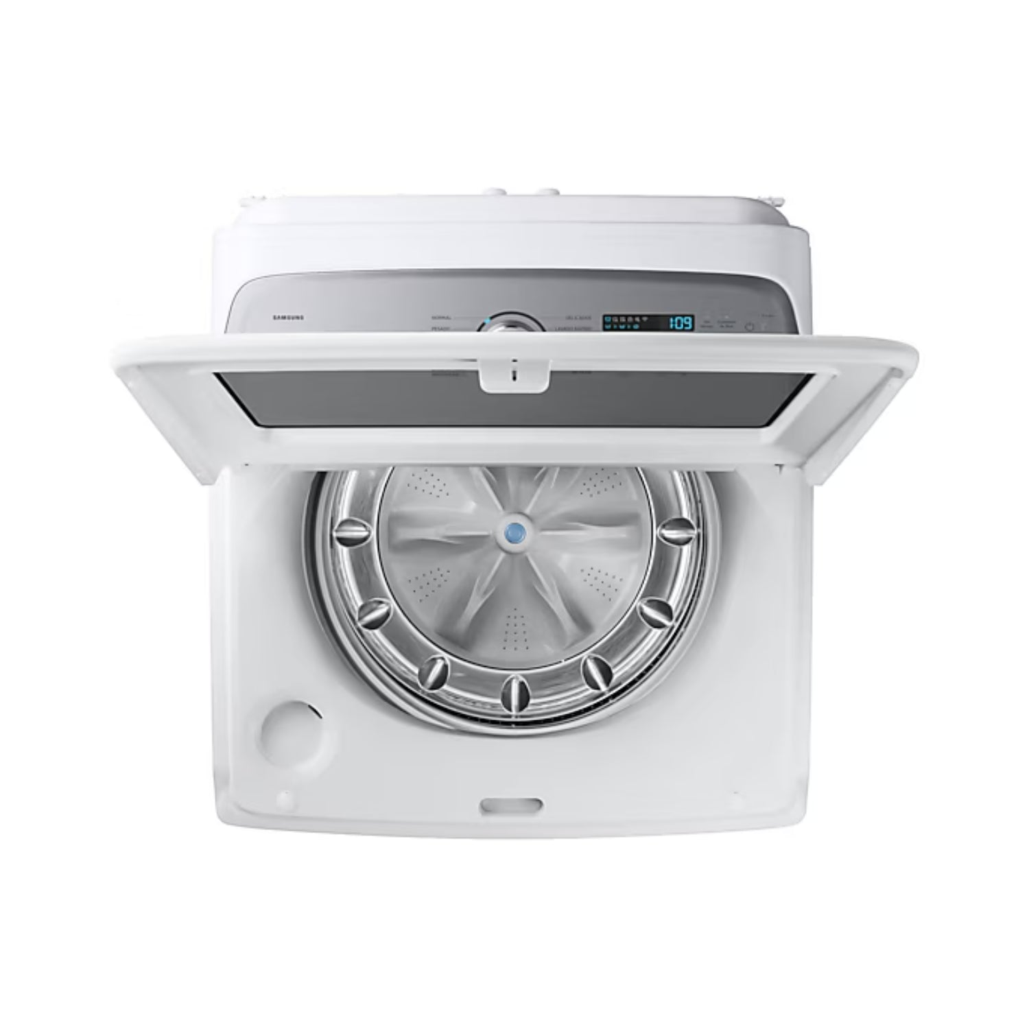 Lavadora digital inverter 26kg Samsung vista superior con puerta abierta y tambor de acero inoxidable