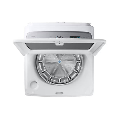 Lavadora digital inverter 26kg Samsung vista superior con puerta abierta y tambor de acero inoxidable