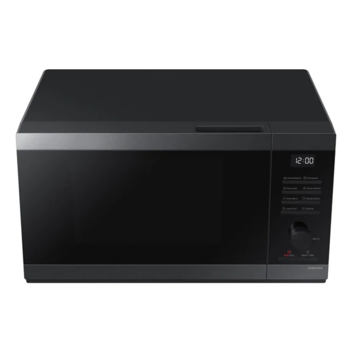 Microondas negro SAMSUNG, vista frontal en cocina moderna