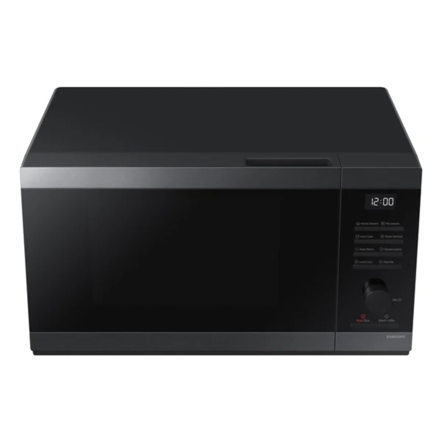 Microondas negro SAMSUNG, vista frontal en cocina moderna