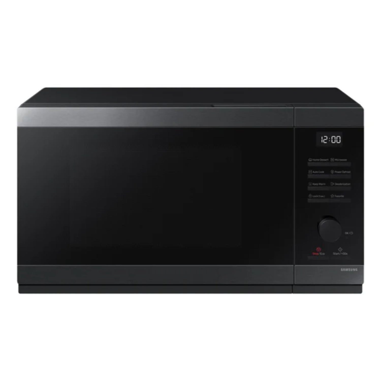Microondas Samsung negro frontal, diseño elegante para cocina moderna