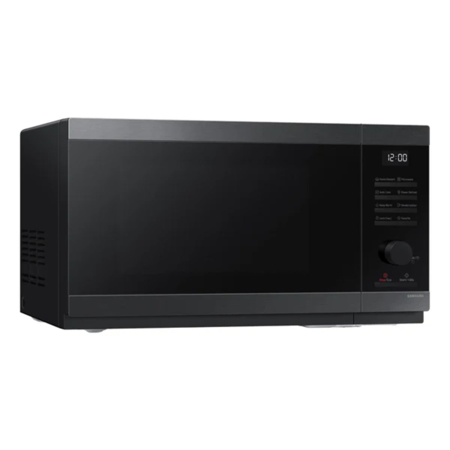 Microondas negro frontal, diseño moderno para uso en cocina