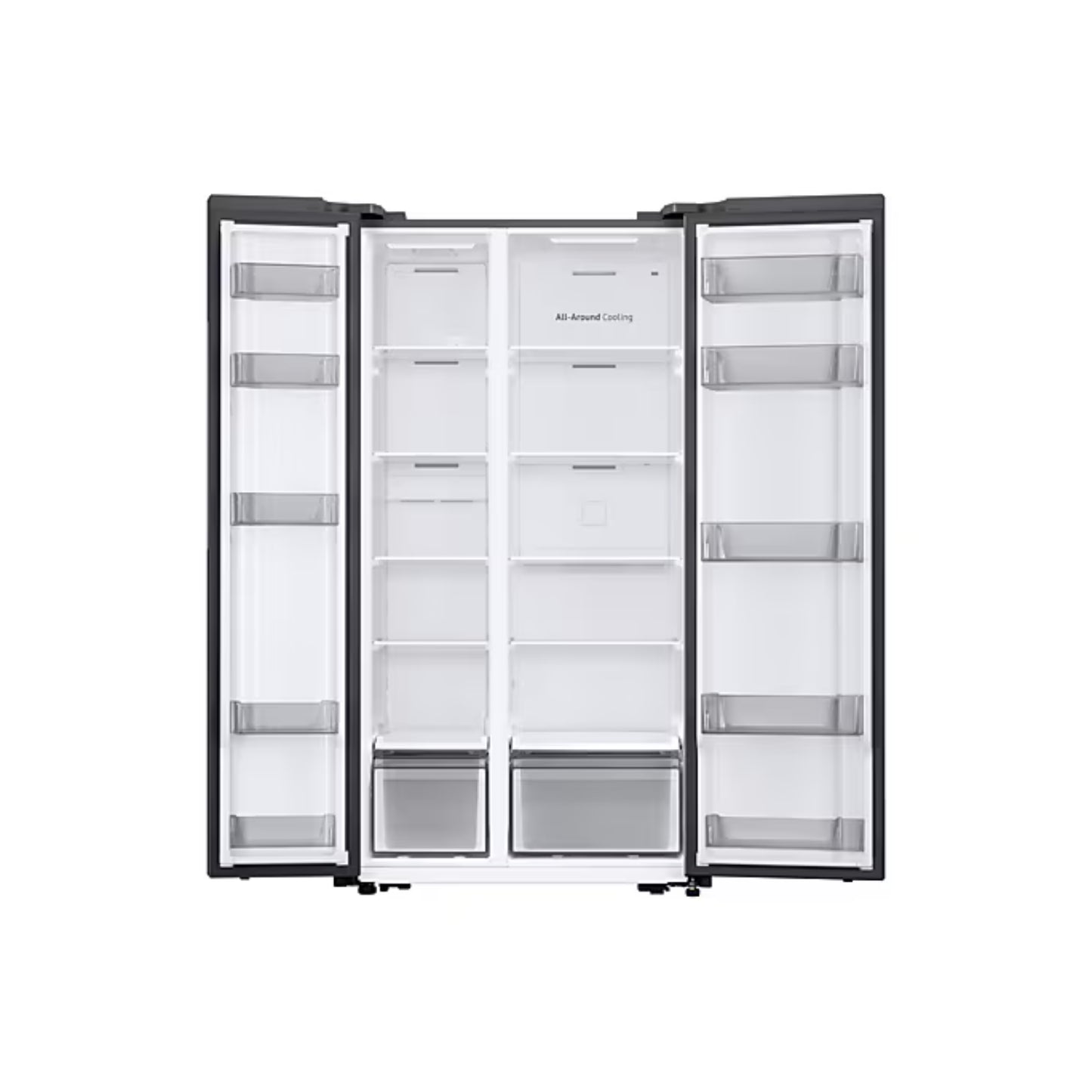 Refrigerador side by side 20 pies de Samsung con puertas abiertas y compartimentos espaciosos